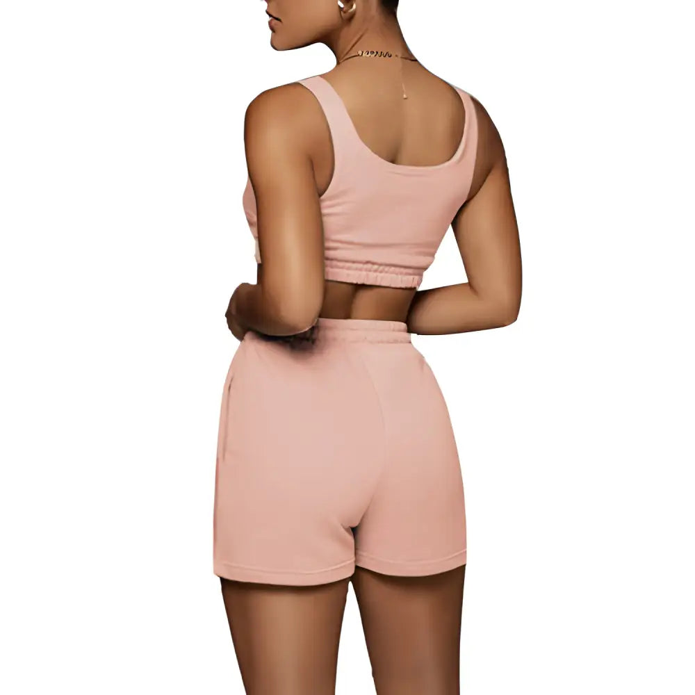 Peach-colored two-piece shorts set for women yoga seamless workout at the gym