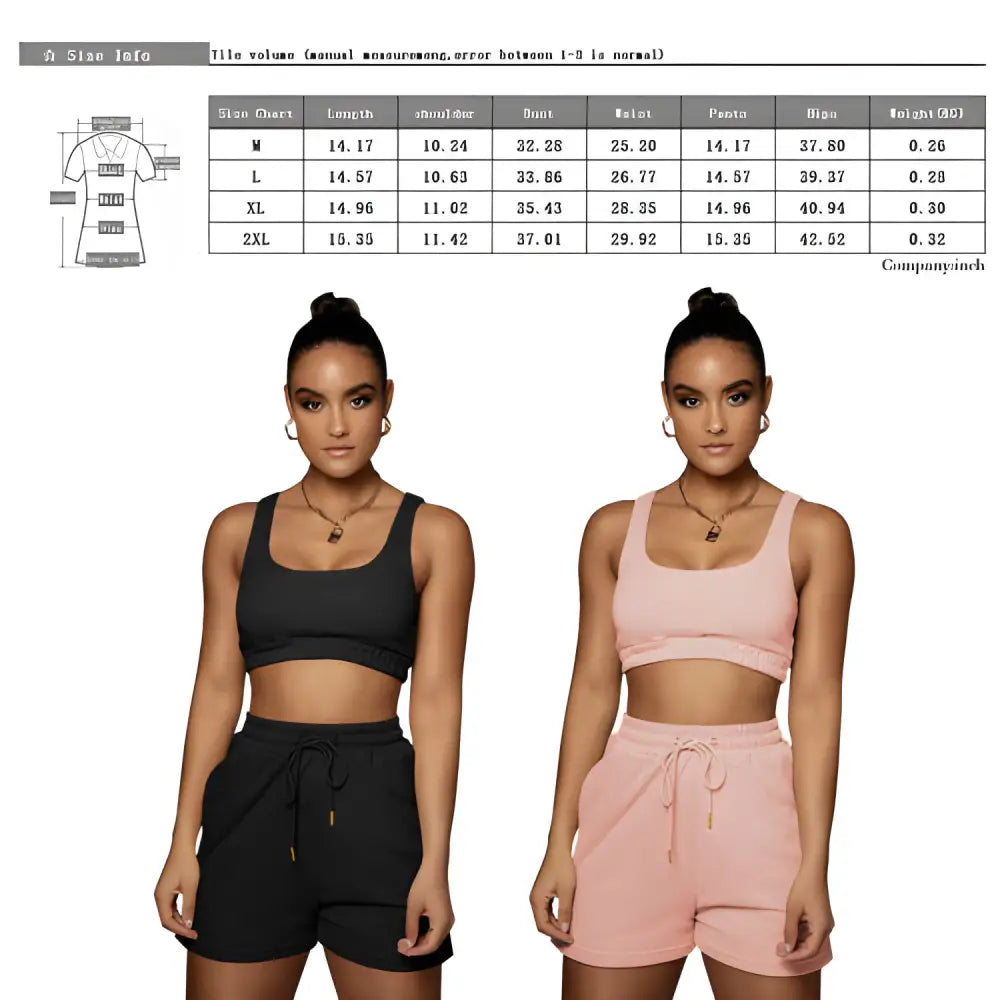 Two-piece athletic shorts set with size chart for Women Yoga Seamless workout