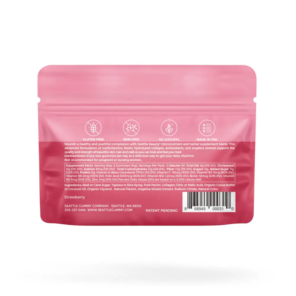 Seattle Beauty Angelica Strawberry Gummy Vitamins packaging featuring hydrolyzed collagen