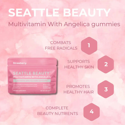 Pink packaging of Seattle Beauty Angelica Strawberry Gummy Vitamins 12-pack with hydrolyzed collagen