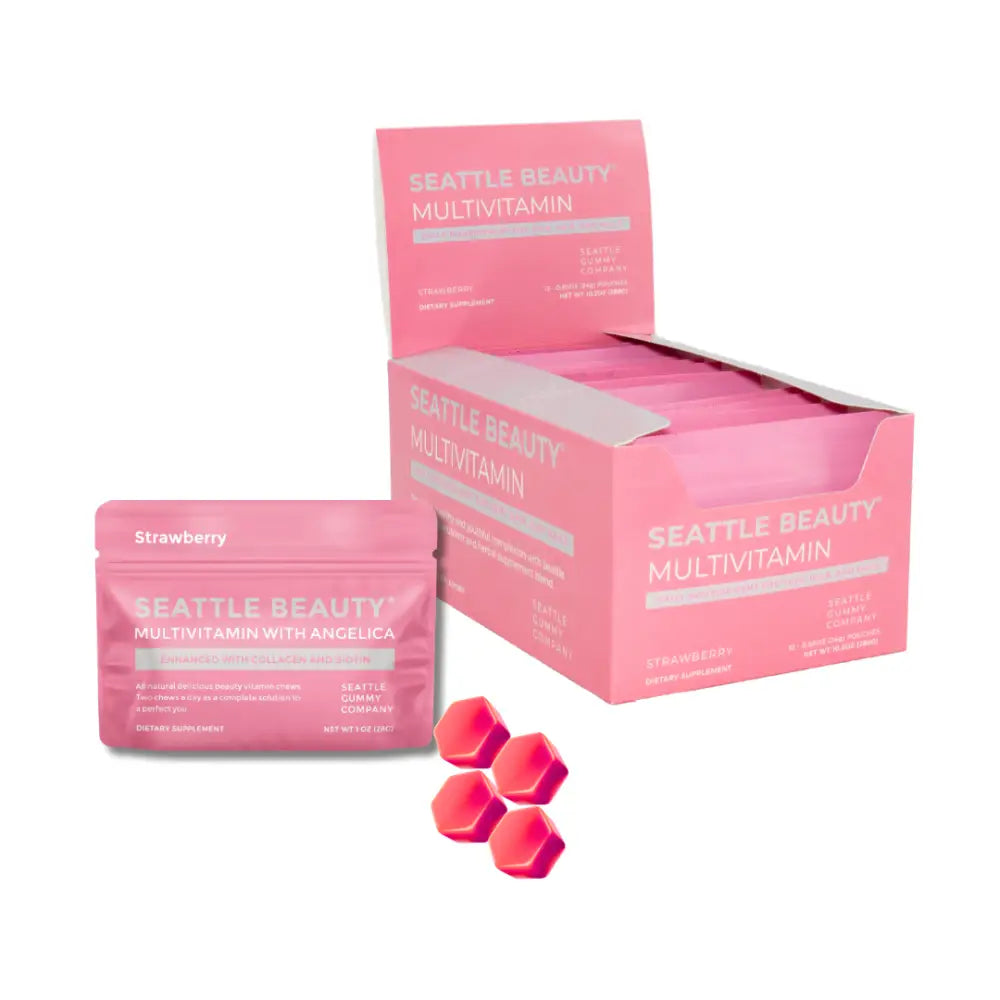 Seattle Beauty Angelica Strawberry Gummy Vitamins in a pink 12-pack, tasty and fun!