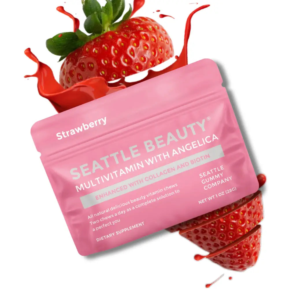 Seattle Beauty Angelica Strawberry Gummy Vitamins packed with hydrolyzed collagen in 12-pack