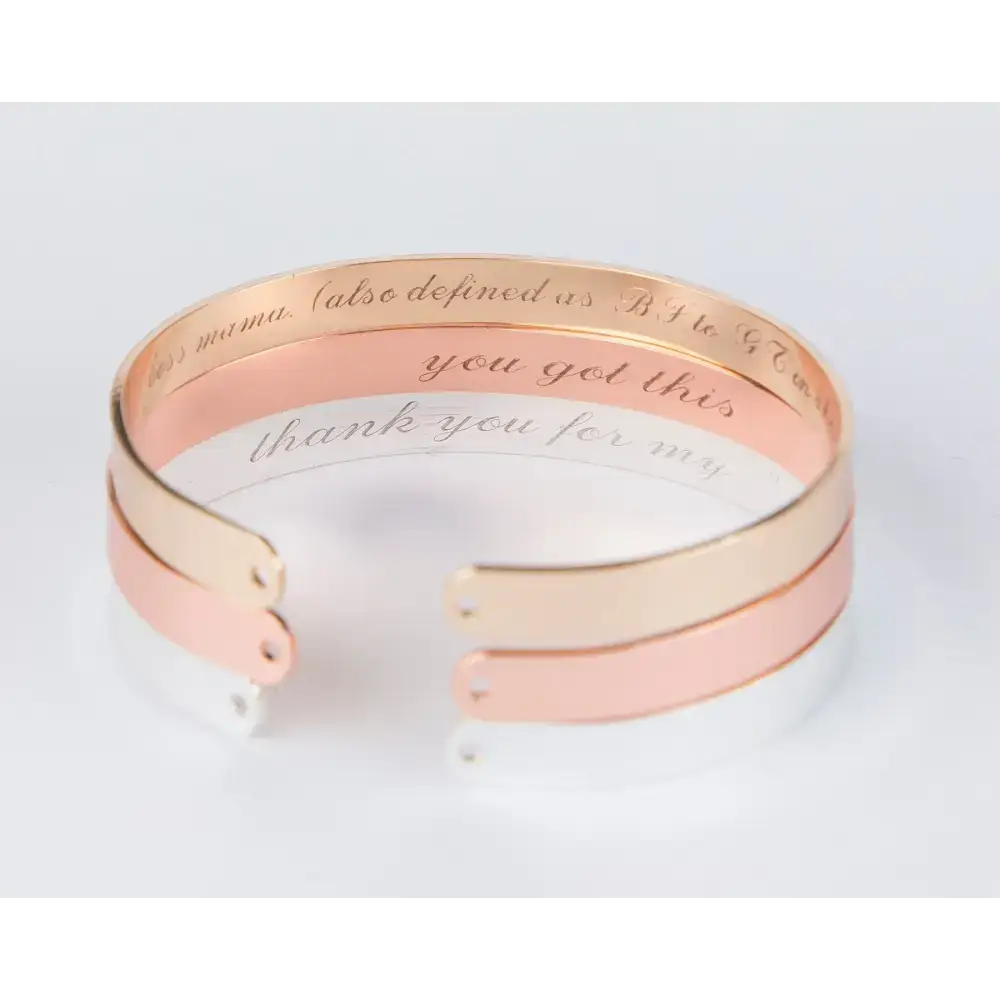 Stacked rose gold and gold Secret Message Engraved Cuff Bracelets for a personalized touch