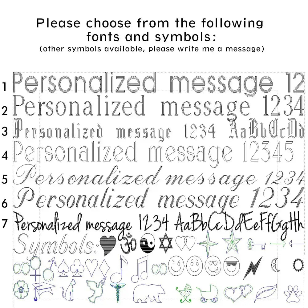 Font and symbol options for Secret Message Engraved Cuff Bracelets personalization