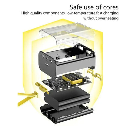 Exploded view of a fast-charging power adapter in See-Through Power Bank & Battery Storage Box