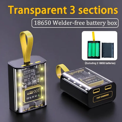 Transparent battery storage box with a yellow strap for power bank cases and night light dual