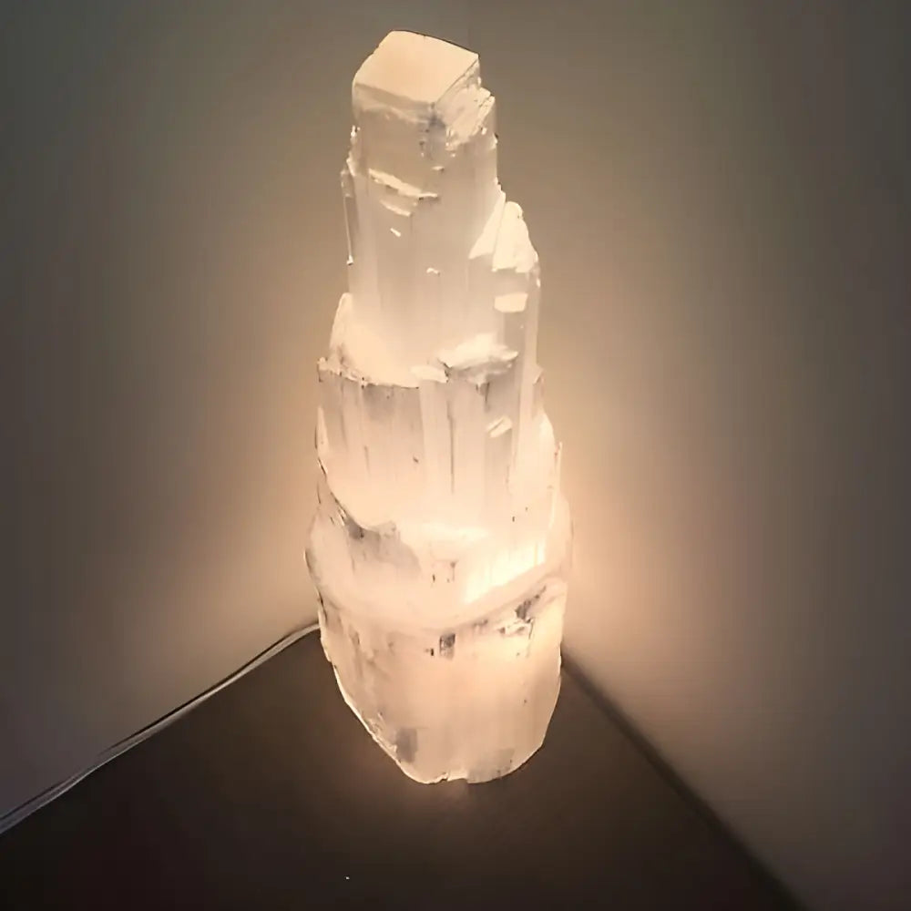 Illuminated Selenite Crystal Tower in Selenite Crystal Skyscraper Lamp Prime design