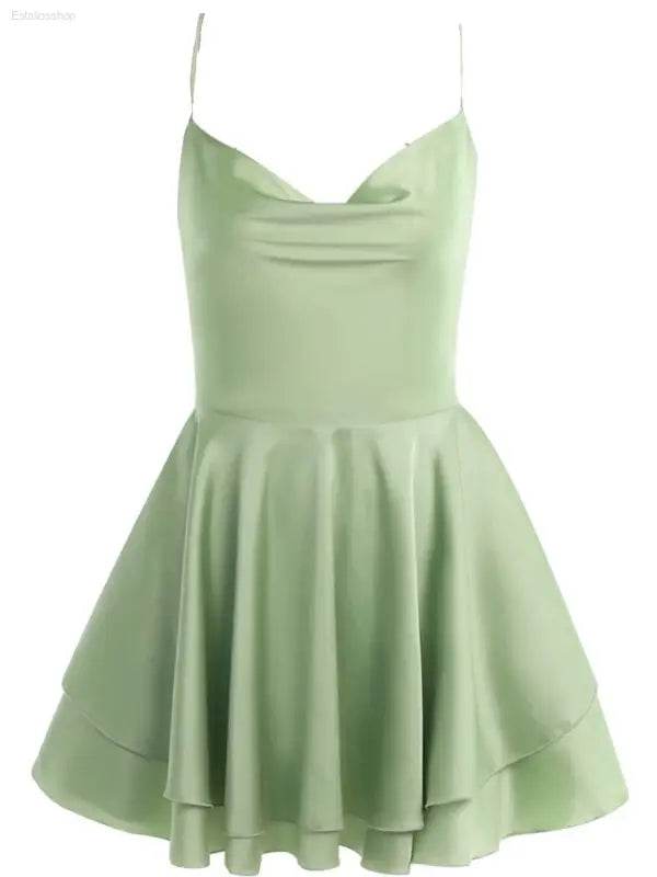 Sexy Graceful Satin Double Layer Backless Strap Dress - Estalios