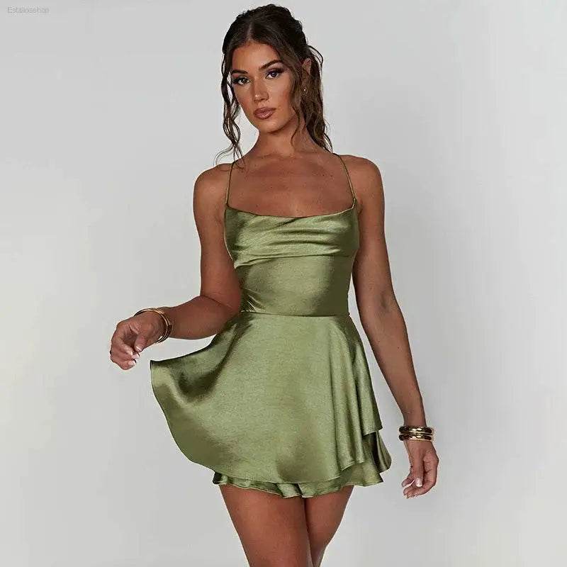 Sexy Graceful Satin Double Layer Backless Strap Dress - Estalios