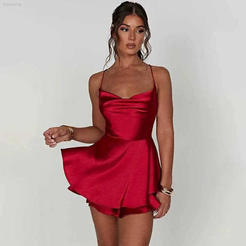 Sexy Graceful Satin Double Layer Backless Strap Dress - Estalios