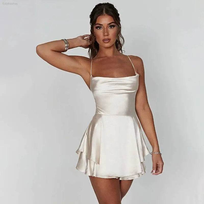 Sexy Graceful Satin Double Layer Backless Strap Dress - Estalios