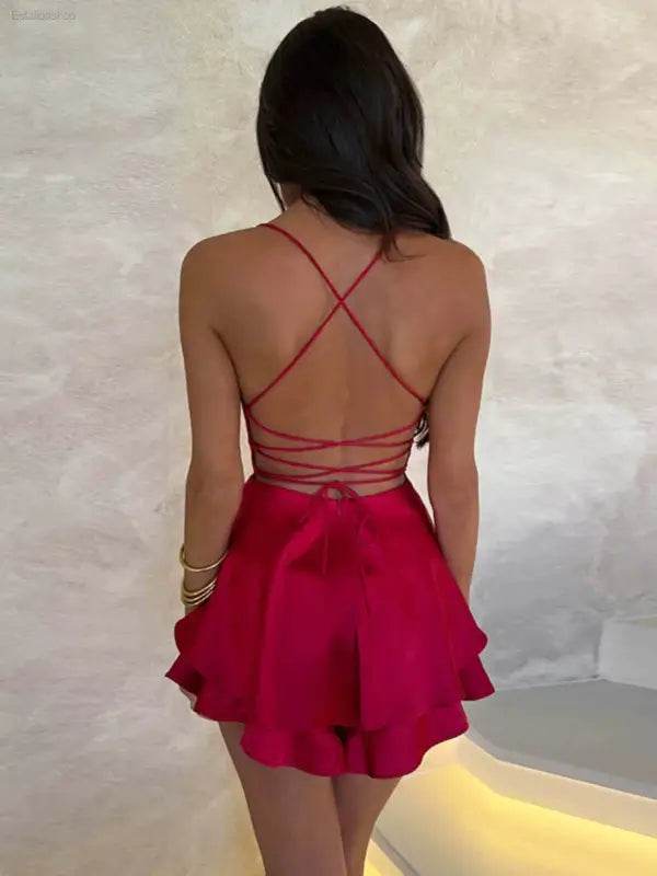 Sexy Graceful Satin Double Layer Backless Strap Dress - Estalios