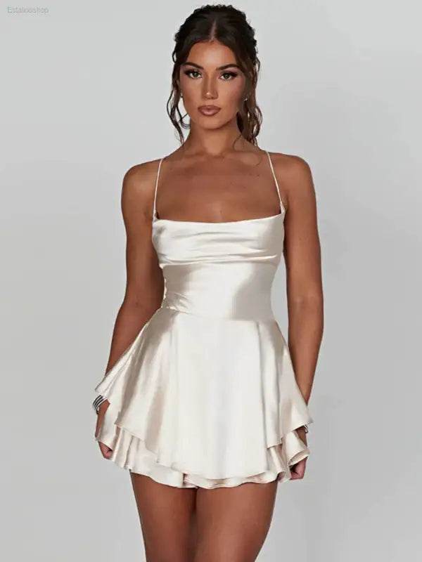 Sexy Graceful Satin Double Layer Backless Strap Dress - Estalios