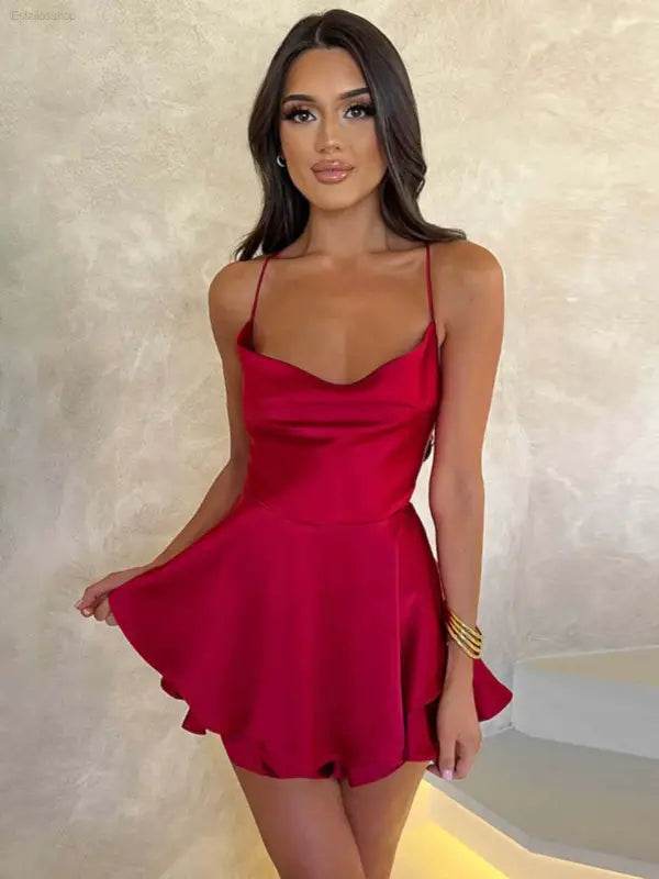 Sexy Graceful Satin Double Layer Backless Strap Dress - Estalios