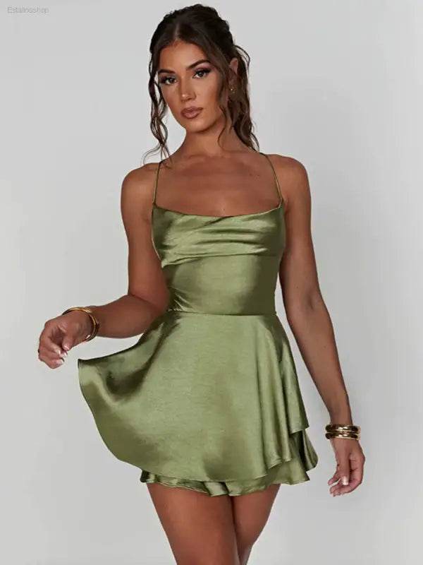Sexy Graceful Satin Double Layer Backless Strap Dress - Estalios