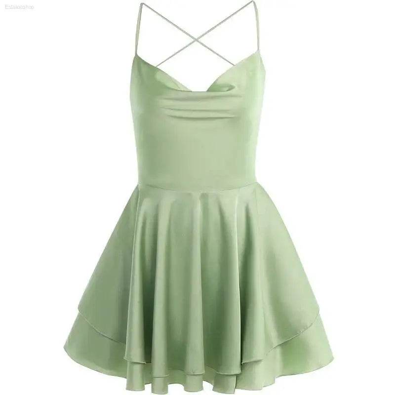 Sexy Graceful Satin Double Layer Backless Strap Dress - Estalios