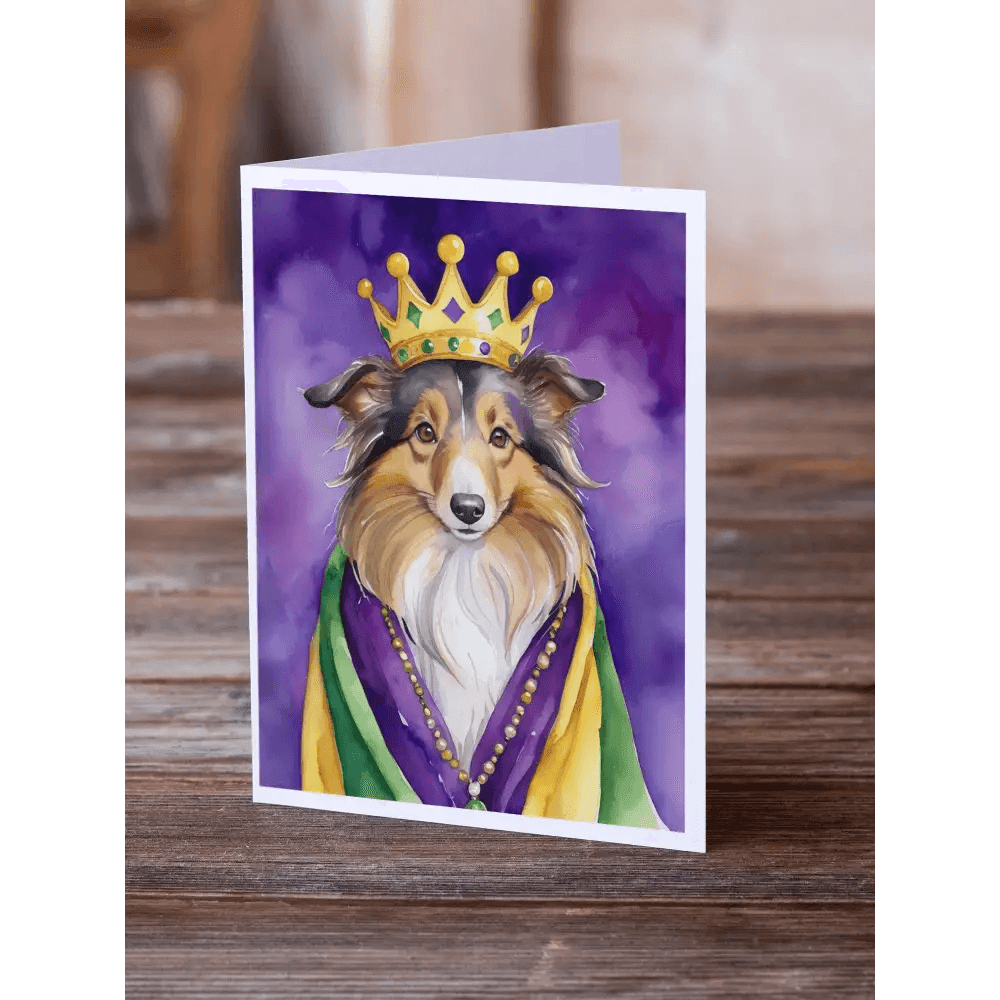 Sheltie King of Mardi Gras Greeting Cards Pack of 8 - Estalios
