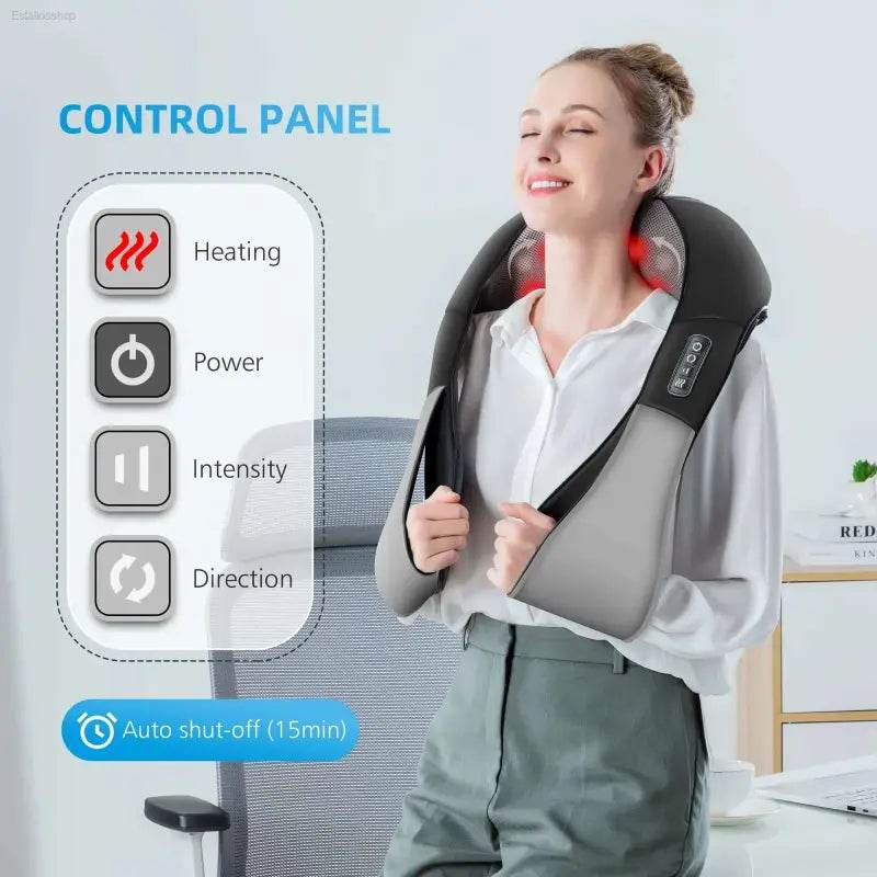 Neck and shoulder massager with control panel.