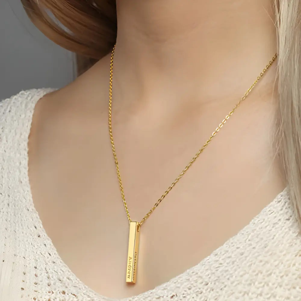 Gold-toned vertical bar pendant on Shine Bright Personalized Rose Gold Kids Names Necklace