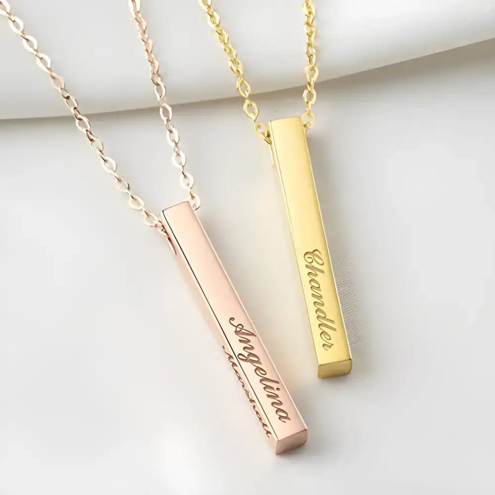 Two personalized bar necklaces in rose gold, perfect kids names necklace for moms