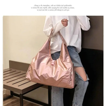 Shiny pink tote bag made of soft nylon cloth, perfect for sports and daily use