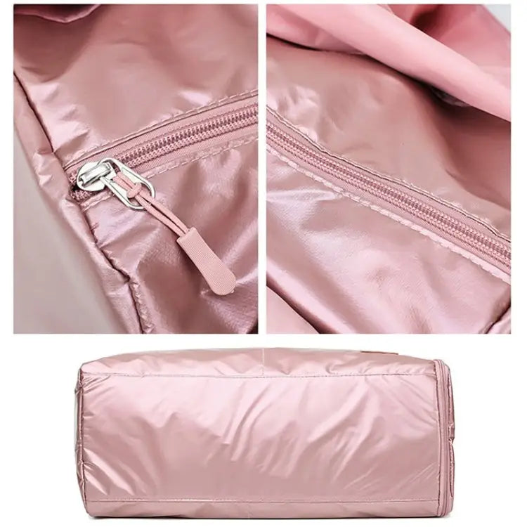 Shiny pink nylon cloth sports duffel bag with a comfy nylon cloth shoulder strap