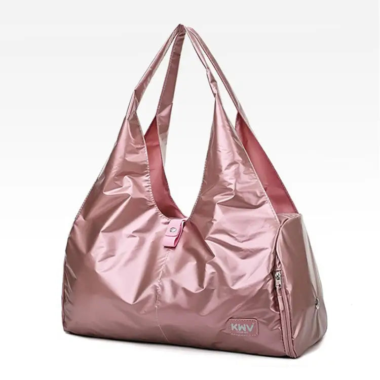 Trendy Pink Metallic Tote Bag in Shiny Pink Nylon Cloth for stylish sports outings