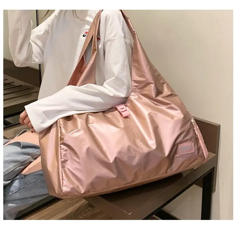 Shiny pink tote bag made from soft nylon cloth for stylish sports and daily use