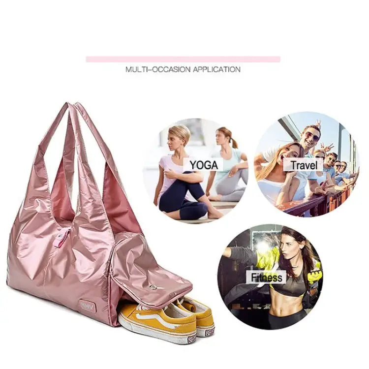 Pink gym bag with shoe compartment made of soft nylon cloth for easy carrying