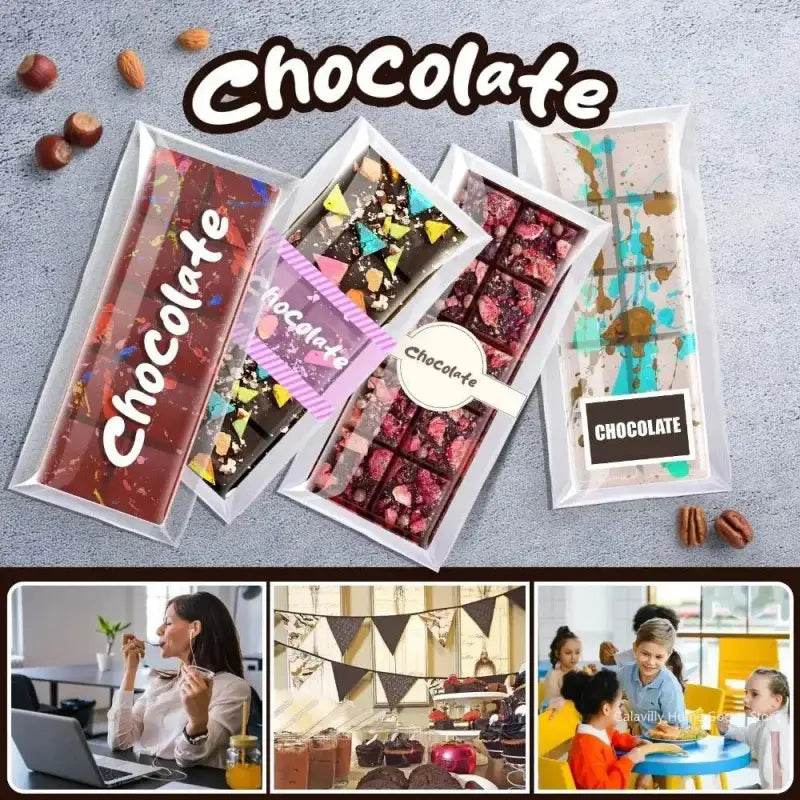 Packaged artisanal chocolate bars.
