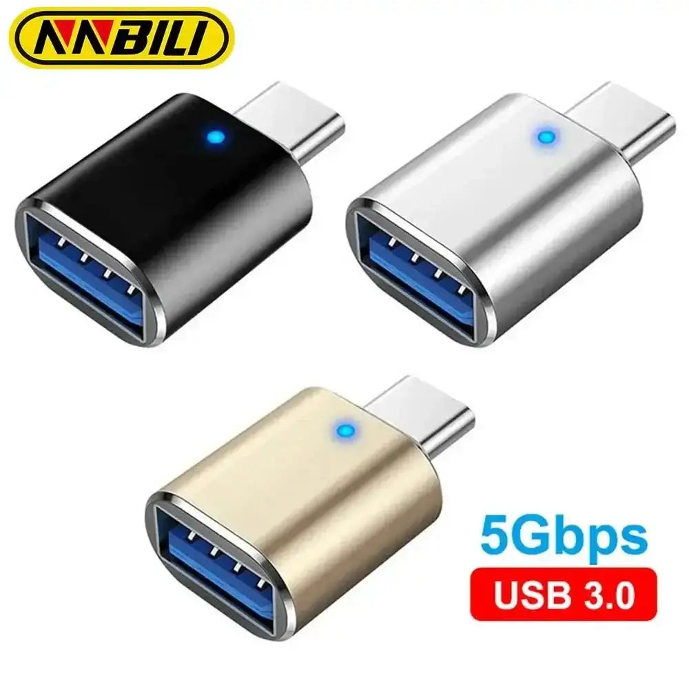 USB-C to USB-A adapters in black, silver, and gold for fast charging and transmission speed