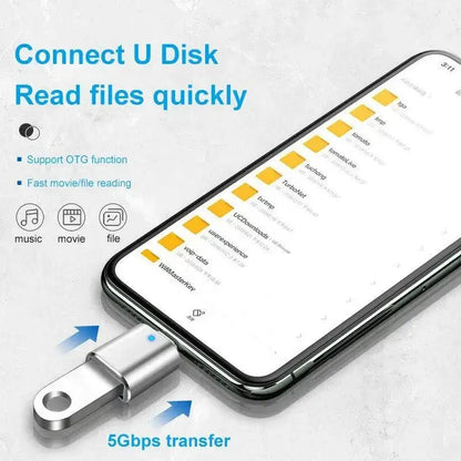 Silver USB Type C adapter connected to a smartphone for fast transmission speed