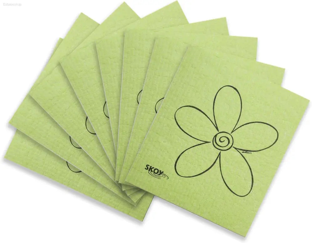 Green reusable cleaning cloths with flower design.