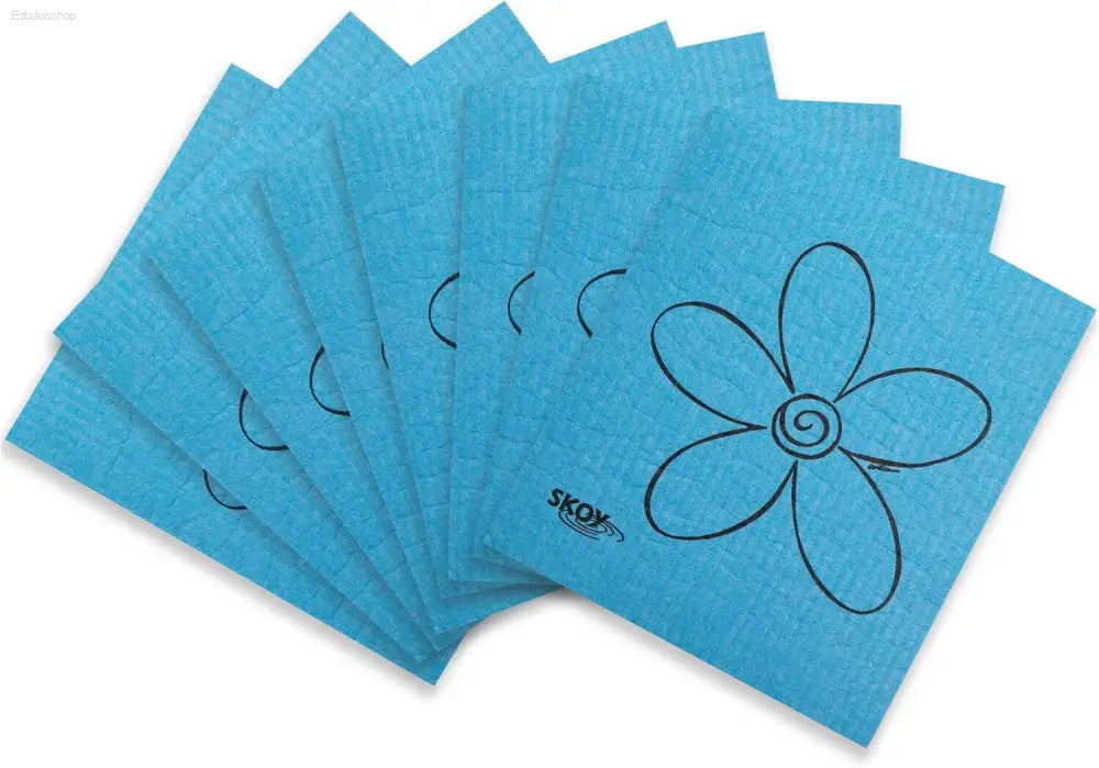 Blue reusable cleaning cloths with flower design.