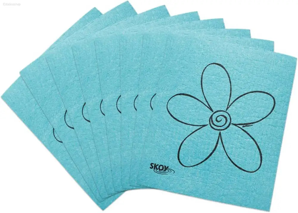 Turquoise reusable cleaning cloths with flower design.