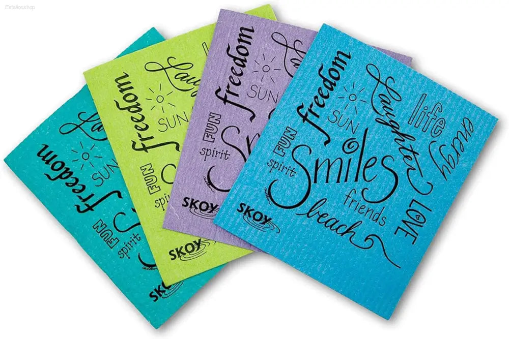 Colorful patterned cleaning cloths.