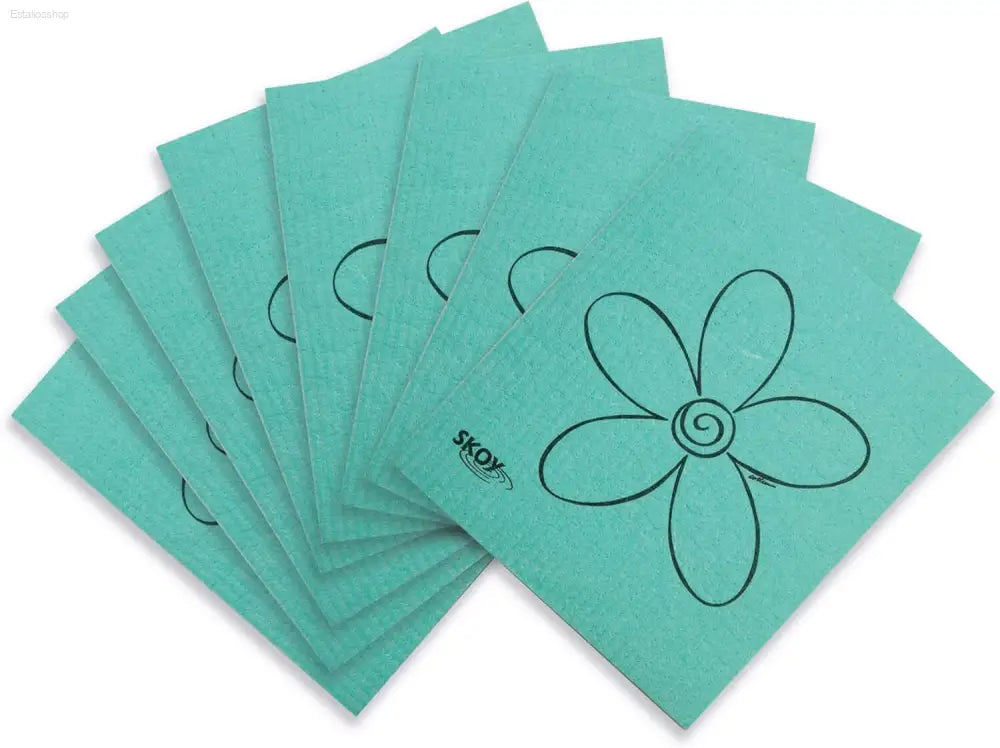 Turquoise cleaning cloths with flower design.