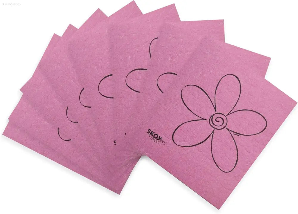 Pink reusable Swedish dishcloths with flower design.