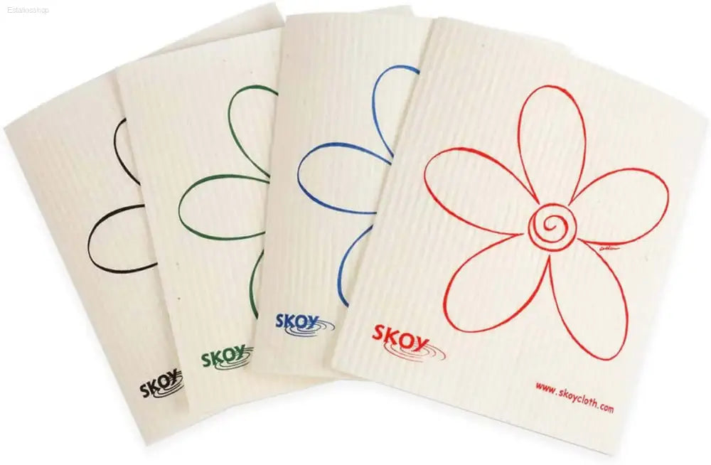 Colorful flower-printed cleaning cloths.