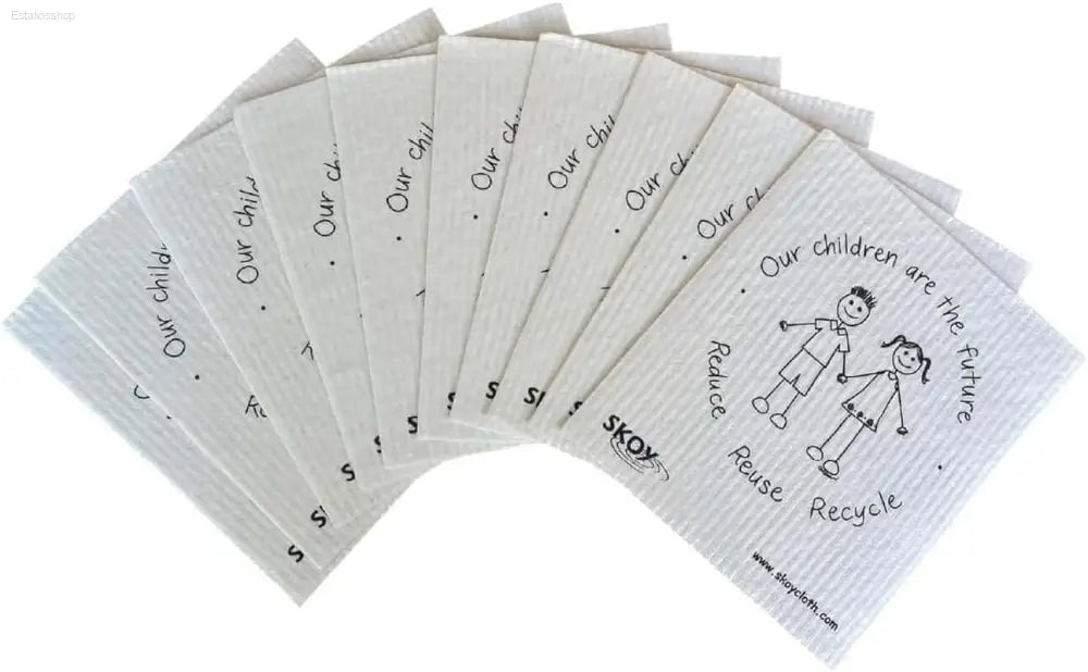 Reusable cleaning cloths with environmental message.