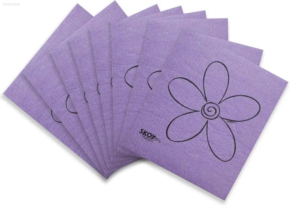 Stack of purple flower-patterned cloths.