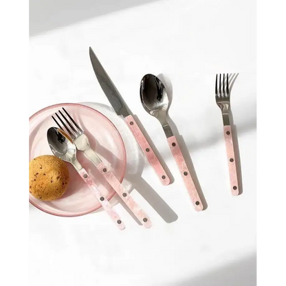 Sleek Modern Pinky Flatware Set with pink-handled cutlery, plate, and bread roll