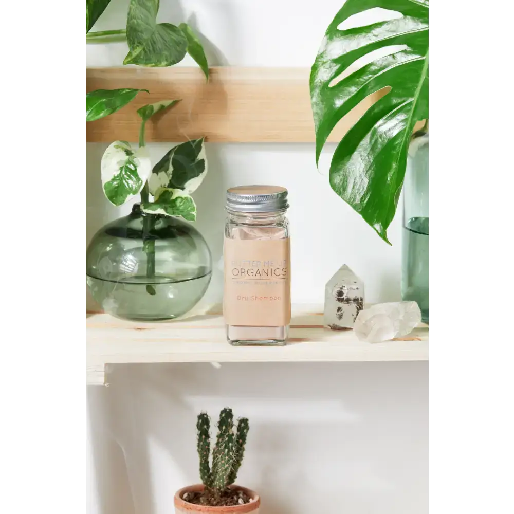 Square glass jar with silver lid for natural organic dry shampoo storage