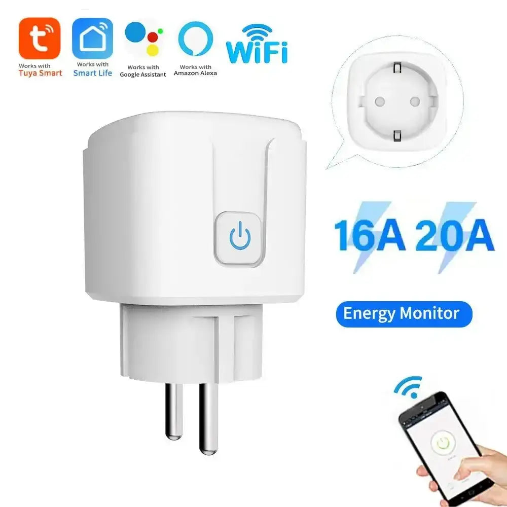 White Tuya Smart Socket outlet with energy monitoring, perfect for plug 16A or 20A