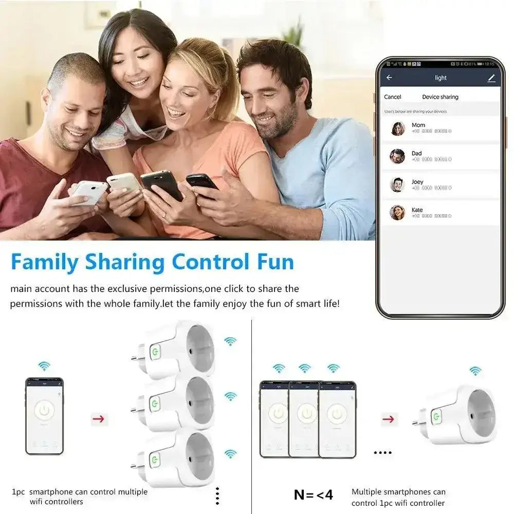 Smart home control ad for Tuya Smart Socket, featuring smart socket outlet with app and voice control