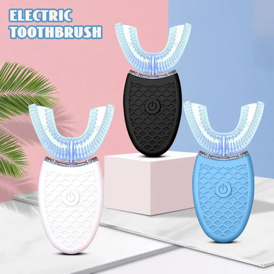 U-shaped silicone electric toothbrushes in white, black, and blue for a smart automatic whitening experience