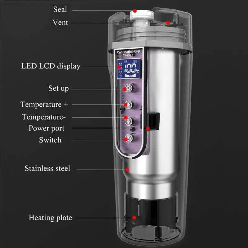 Smart Vacuum Electric Car Mug - Portable Stainless Steel Bottle with LCD Temperature Display for Coffee & Tea Heating - Estalios