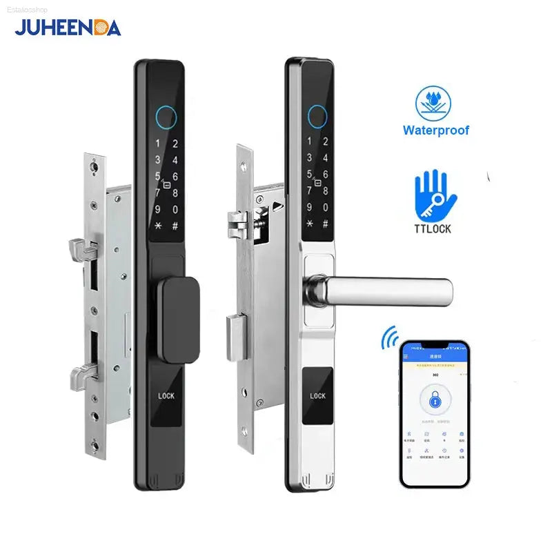 Smart Waterproof Sliding Door Lock - Ttlock App, Alexa Compatible, Fingerprint & RFID Access, Secure Aluminum Glass Lock