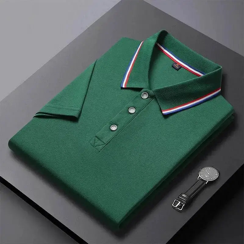 Green polo shirt with striped collar from the Snag a 4XL Solid Color Business Polo line