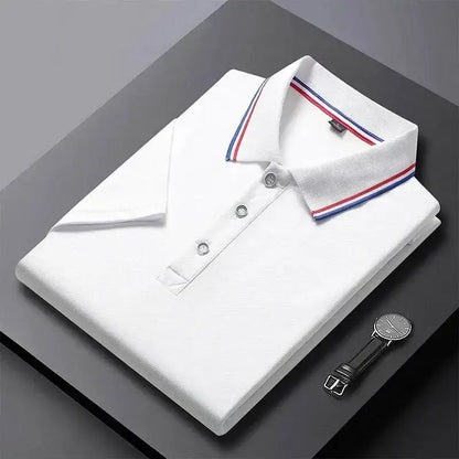 Folded white polo shirt with striped collar from Snag, perfect solid color business polo in 4XL